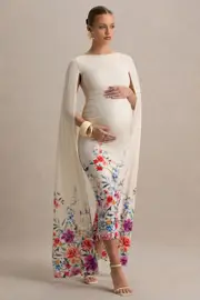Providence | Light Pink Floral Print High-Neck Maternity Midi Dress With Cape Sleeves