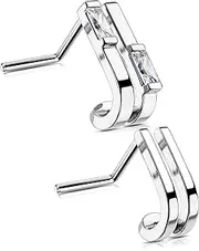 OUFER 2Pcs Nose Studs, Unique Double Rows 20G Nose Rings Studs L-shaped Sparkling CZ Stainless Steel Small Tiny Silver Nose Studs Piercing Jewelry for Women Men