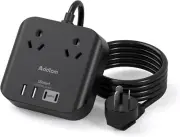 Black Power Board 2-Outlet Power Strip Powerboard 4 USB Charging Ports(2 USB C)