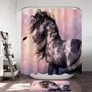 Sunset Clouds behind Black and White Pinto Horse Shower Curtain