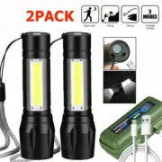 2PCS USB Rechargeable COB LED Flashlight Zoomable Hand Torch Light Lamp Camping