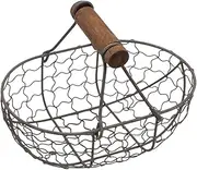 Egg Collection Basket, Farmhouse Wire Bucket with Wooden Handle, Iron Rustic Picnic Basket, Farm Storage Container for Boys, Girls, Kitchen, Outdoor Gathering and Decor Display, 18x12cm