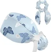 [LWSHUNYI] Women's Working Caps Bouffant Surgical Cap with Bow Scrunchies Little Daisy Art Paint Ponytail Holder Tie Back Scrub Hat