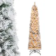 Costway 186CM Slim Christmas Tree Flocked Xmas Tree w/373 Tips Pine Needles LED Lights Artificial Party Decoration