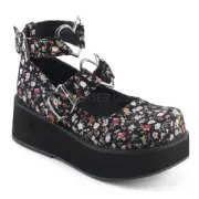 Demonia Sprite-02 Black & Floral Love Heart Vegan Leather Platform Shoes - Go...