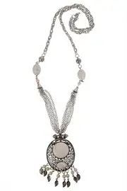 Oval Stone & Filigree Leaf Charms Necklace--ADO-ANC-9073
