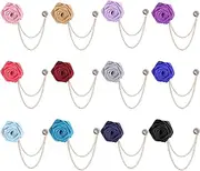 [Framendino] 12 Pack Rose Floral Lapel Pin Flower Pins Brooches with Tassel Chain for Men Suits Bridegroom Wedding, 12 Pack, no gemstone