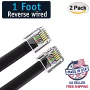 (2 Pack) 1 Foot Black RJ12 6P6C Heavy Duty Reverse Phone Cable for Voice 12"