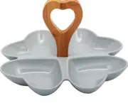 Hearty Gray Ceramic Platter with Wooden Handle for Chips & Dips, Fruits Serving