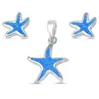 Blue Opal Star Fish Earrings & Pendant Set .925 Sterling Silver Earrings