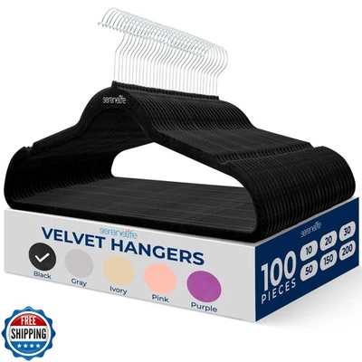 SereneLife 100-Pack Velvet Hangers – Slim, Non-Slip Design with Swivel Hook –