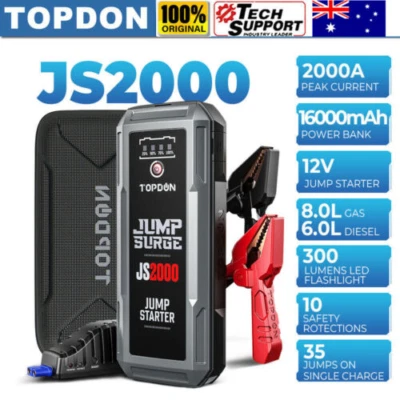 TOPDON 2000A Jump Starter LED Torch USB Mobile Phone Charger Power Bank Booster