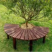 Outdoor Wooden Curved Bench Backless Porch Benches, Semicircular Frame Tree Bench Chair Wrap Around, Rustic Brown Lounge Slatted Seating for Patio Garden Backyard(Round)