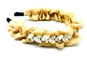 Gold Shimmer Ruched Fabric Headband Fascinator Diamantes on one side of headband