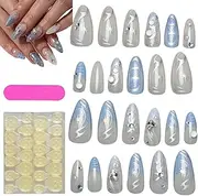Press the nails light blue, blue press the nails | 24 pieces acrylic medium press nails, homemade artificial pine nuts with French tip, women hand beauty for women