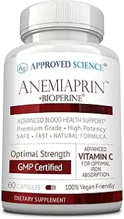 Approved Science Anemiaprin - Absorbable Iron, Vitamin C - Supports Hemoglobin, Blood, Oxygen Levels, Energy - Gentle On Stomach - 60 Capsules - 1 Month Supply - Non-GMO, Vegan