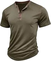[Aosufei] Men's Crew Neck Button Up T-Shirt Short Sleeve Color Matching T-Shirt Cotton Breathable Casual Loose T-Shirts