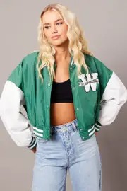 Green NYC Varsity Bomber Jacket - Size S, Women's Jacket