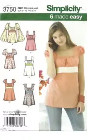 Simplicity 3750 Tie-Back Tunic, Sleeve Variations Sz 8-16 UNCUT Pattern EASY