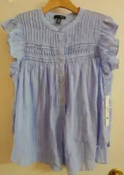 Aqua Pintuck Metallic Front Button Top Ruffle Bloomingdale's L NEW $78 Tag!