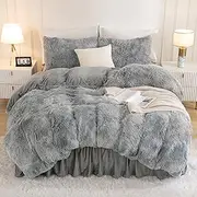 Andency Tie-Dyed Grey White Comforter King Size, 3 Pieces Faux Fur Fluffy Fuzzy Plush Bedding Comforter Set, Soft Puffy Comfy Down Comforter Bed Set