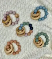 Baby Silicone Teether Rattle | 5 Colours | Silicon Beech Wood FREE POST