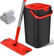 Flat Floor Mop and Wringer Bucket Set 3pcs Washable Pads Self Clean Squeeze Mop