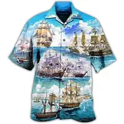 Men's Boat Seascape Pattern Shirt Summer Hawaiian Shirt Aloha Shirt Short Sleeve Shirt Cuban Collar Tropical Fashion Streetwear Casual Hawaiian Holiday Black W
