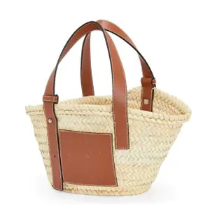 【LOEWE 羅威】Small Basket 小款 棕櫚葉拼小牛皮 托特包 編織包 草編包 原色/棕褐色