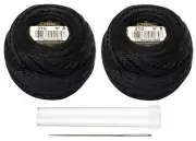 DMC Pearl Cotton Size 8 Ball - Black (2 Balls) Bundle + Case and Needle