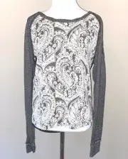 Miss Me Blouse Long Sleeve Pullover Beaded Sheer Back Black Silver Shirt Top