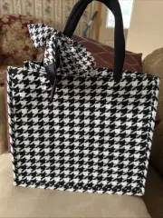 Black And White Houndstooth Pattern Double Handles Tote Bag W/scarf Tie