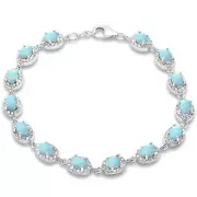 Oval Natural Larimar & Cubic Zirconia .925 Sterling Silver Bracelet