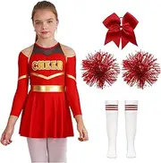 [Hedmy] Girls Cheerleading Uniforms Dance Dress with 1pc Bowknot Headwear 2pcs Hand Flowers Striped Socks Set
