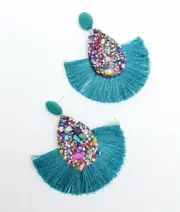 GORGEOUS Lightweight Multi Crystals Beads Teal Blue Threads Fan Tassel Earrings