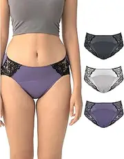 [Neione] Period Underwear Menstrual Panties Postpartum Briefs Women Lace Hipster, 3-pk Lilac, Small