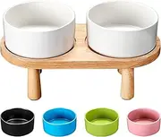 MOPANG Elevated Dog Bowls Ceramic for Large Breed, Dog Food and Water Bowl Set with Wood Stand, 7.5 Cups Dog Bowl Raised, 64FL.OZ, Ivory White