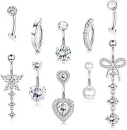 [Adramata] 10Pcs 14G Belly Button Bars Surgical Steel Belly Bars Hypoallergenic Clicker Belly Button Piercing Dangly Belly Ring Set CZ Sparkle Pink Silver Gold Belly Bar Piercing Jewellery