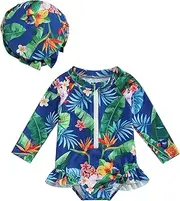[L&ieserram] Toddler Girl Rash Guard Swimsuit with hat Front Zipper Ruffle Bathing Suit