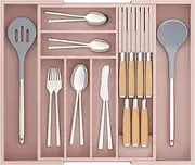 Bamboo-Silverware-Drawer-Organizer-Kitchen, Expandable Utensil Holder Cutlery Tray Flatware Organization Adjustable Wood Tableware Dividers Storage (with Removable Knife Block)(Grey Pink)