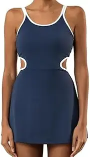 [Generic] Women Athletic Tennis Dress Contrast Strappy Mini Dress Workout Sleeveless Padded Dress with Shorts