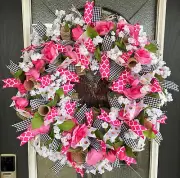 XL Floral Pink Roses Welcoming Spring Summer Deco Mesh Front Door Wreath Decor