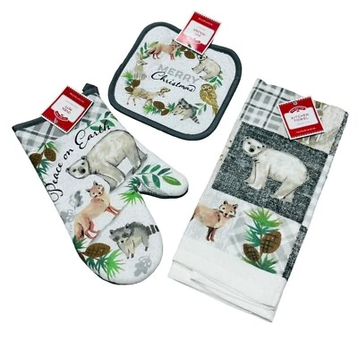 Holiday Time Christmas Critters Kitchen Towel Oven Mitt Pot Holder Set of 3