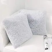 NordECO HOME Luxury Soft Faux Fur Fleece Cushion Cover Pillowcase Decorative Throw Pillows Covers, No Pillow Insert, 18" x 18" Inch, Light Grey, 2 Pack