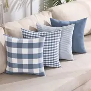 Light Blue Pillow Covers Farmhouse Plaid Throw 18" x 18" (Pack of 4) Grey Blue
