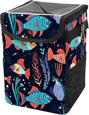 Car Trash Can with Lid and Storage Pockets Leak-Proof Organizer,Multipurpose Trash Bin for Car,Colorful Floral Blue Sea Fish