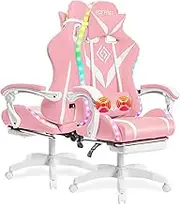 HOFFREE Gaming Chair with Massage and LED Lights Ergonomic Video Game Chairs with Footrest High Back Reclining Computer Chair with Adjustable Lumbar Support Pink and White