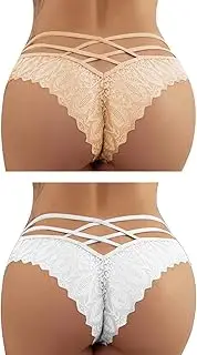 [FULLJOYLOVE] Women's Satin Cheeky Thongs Lace Panties Back Hollow Out Underwear Plus Size Bikini Briefs, 2 Pack-White+Beige, X-Large