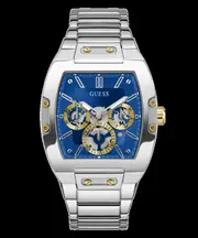 Guess Phoenix Polished Silver Tone Case Sunray Blue Cut Thru Multifunction Dial And Polished Silver Tone Bracelet GW0456G5