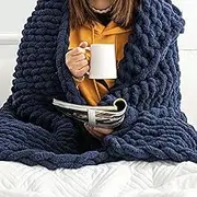Chunky Knit Blanket Throw - 50"x60" 3.7 lbs. - Soft Chenille Yarn Knitted Blanket - Machine Washable Crochet Blanket - Handmade Cable Knit Throw Blanket for Couch, Bed (Navy Blue)
